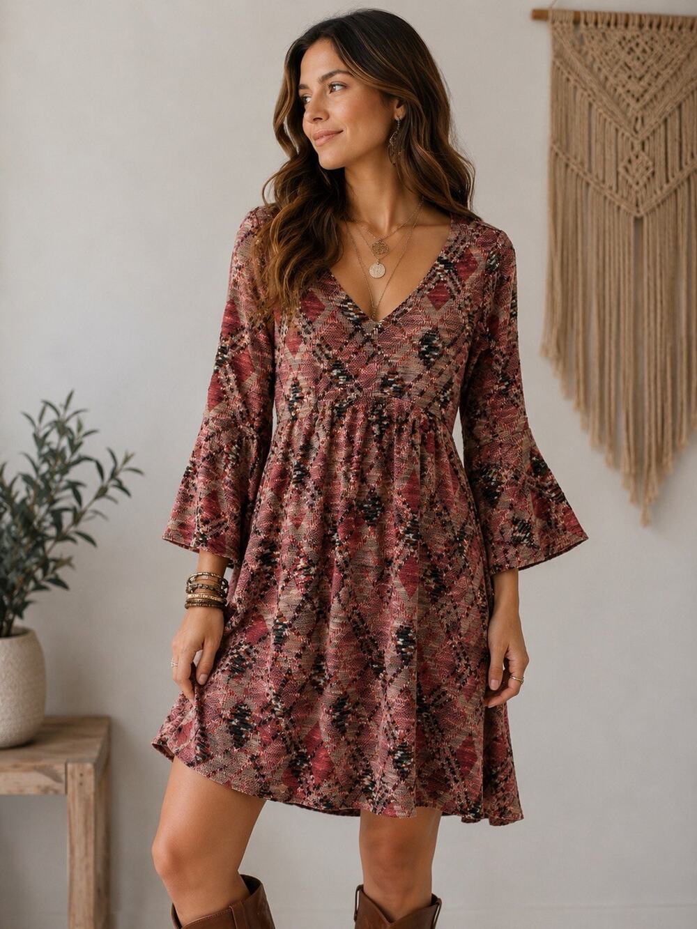 Maeve Anthropologie Erina Pink Swing Bell Sleeve Dress Womens Boho 70s Retro S
